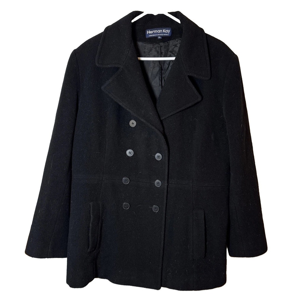 VTG Herman Kay Womens XL Black 100% Wool Double Breasted Peacoat Jacket Lined